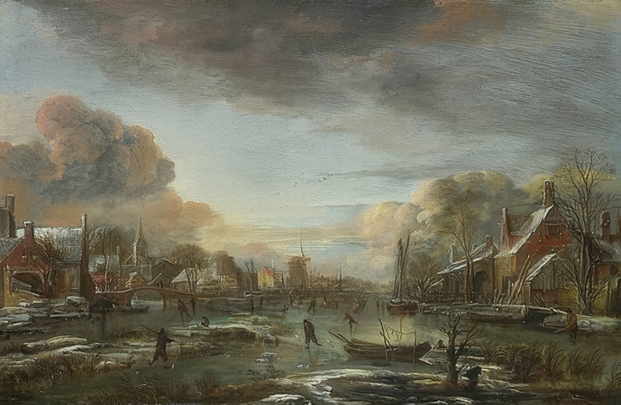 En frusen flod med en stad på kvällen. Omkring 1665 av Aert van der Neer