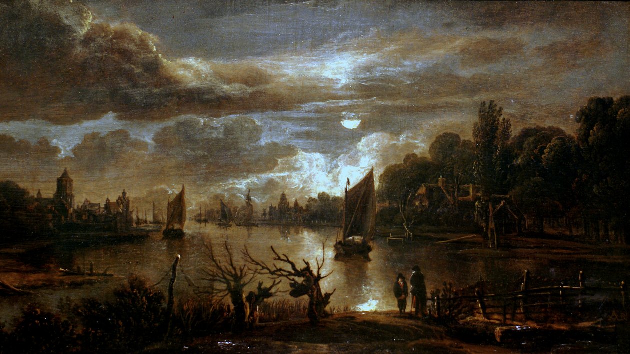 Tyska: Mondscheinlandschaft mit breitem Kanal Månljuslandskap med bred bäck av Aert van der Neer