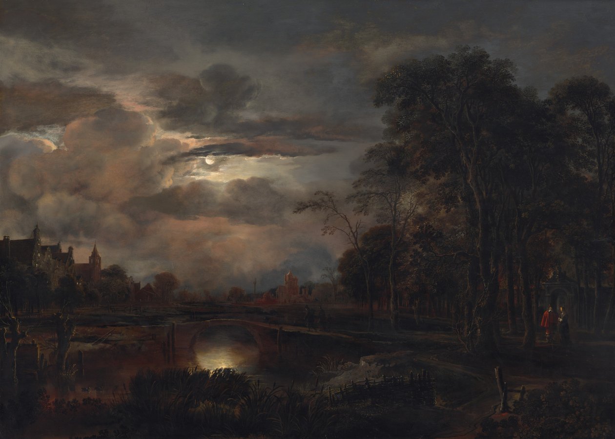 Månbelyst landskap med bro av Aert van der Neer