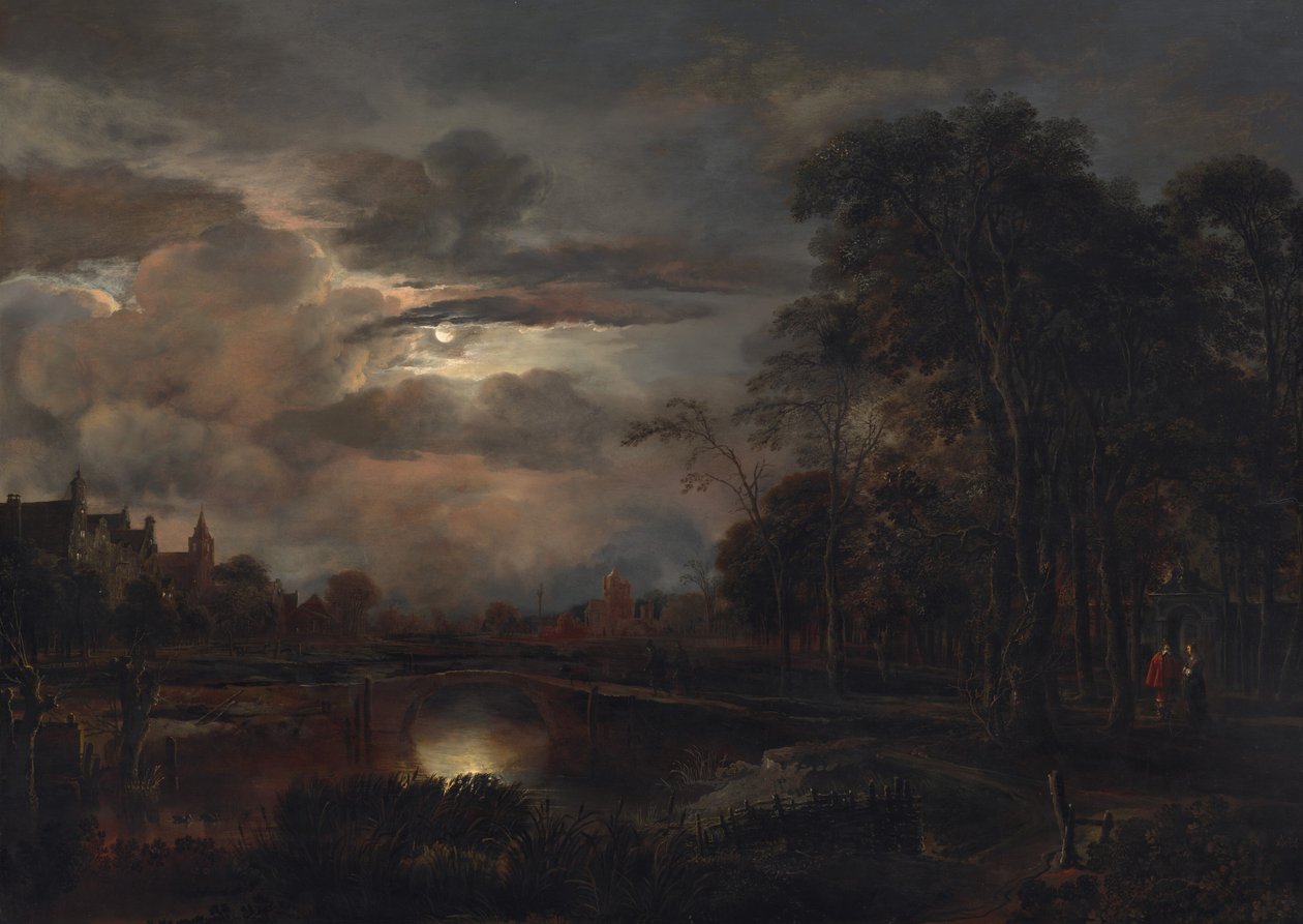 Månbelyst landskap med bro, troligen 16481650. av Aert van der Neer
