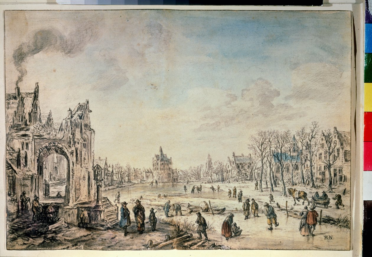 Vinterlandskap med skridskoåkare. Teckning av Aert Van der Neer (1603-1677) av Aert van der Neer