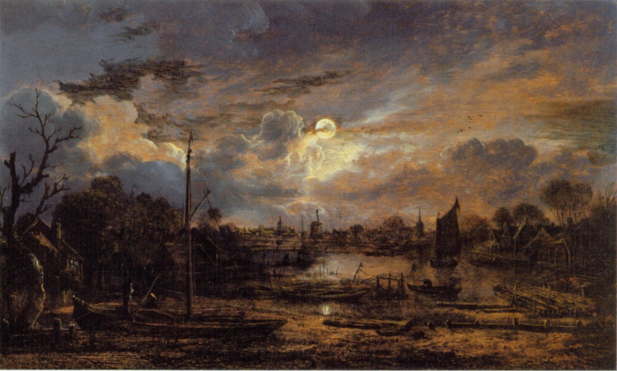 Flodlandskap med Moonshine av Aert van der Neer