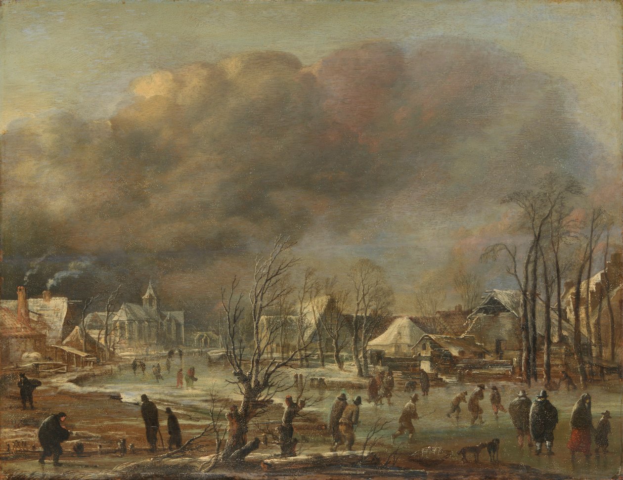 Snöfall på en by bredvid en frusen kanal, 1630-77 av Aert van der Neer