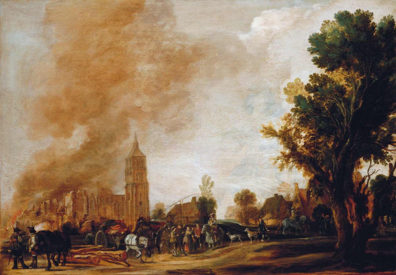 Soldater lämnar en brinnande by, 1637 av Aert van der Neer