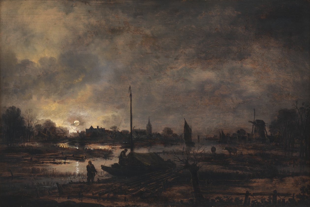 Månen som stiger över en by av Aert van der Neer