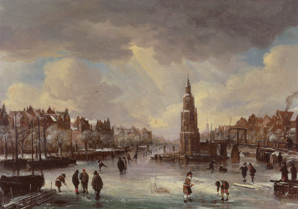 Stad vid en frusen flod av Aert van der Neer