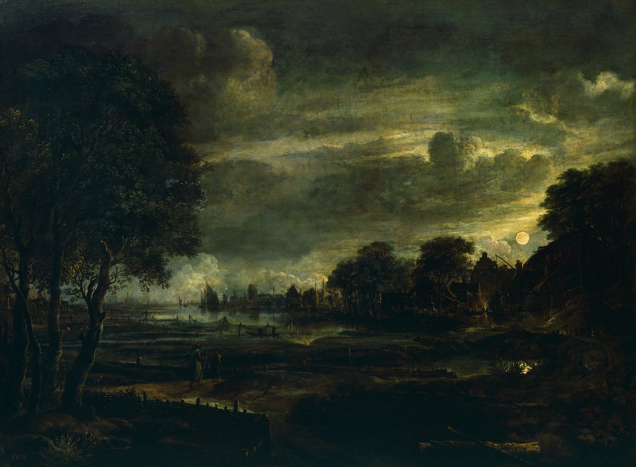 By i månsken, av Aert van der Neer (1603-1677) av Aert van der Neer