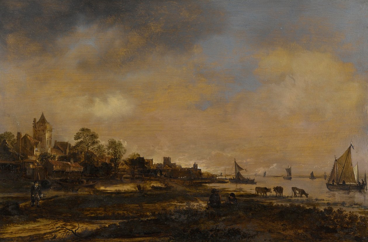 Brett flodlandskap med slott och by av Aert van der Neer