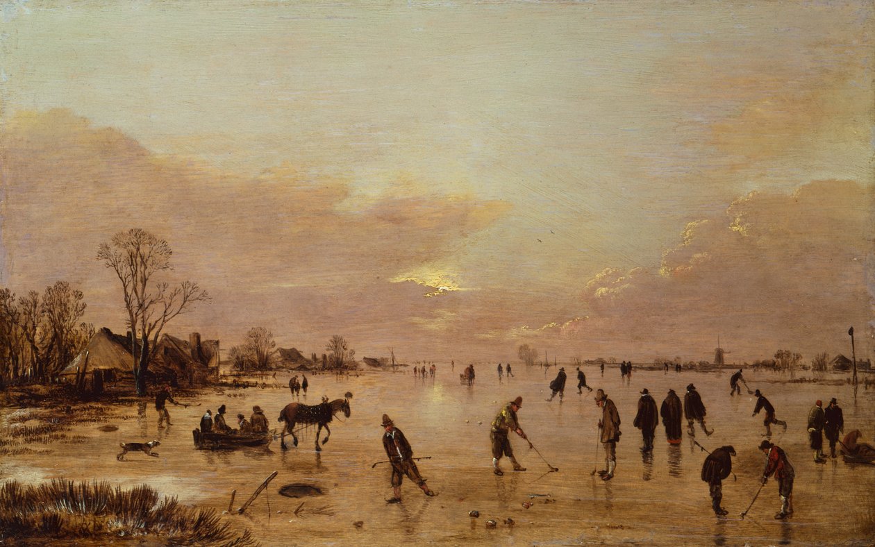 Vinterlandskap vid solnedgången (olja på duk) av Aert van der Neer