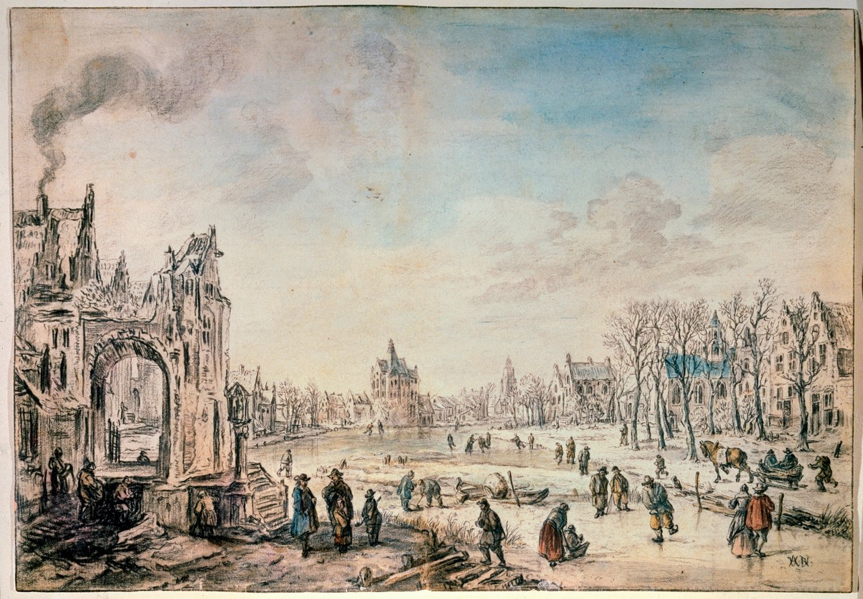 Vinterlandskap med skridskoåkare, holländsk målning från 1600-talet av Aert van der Neer