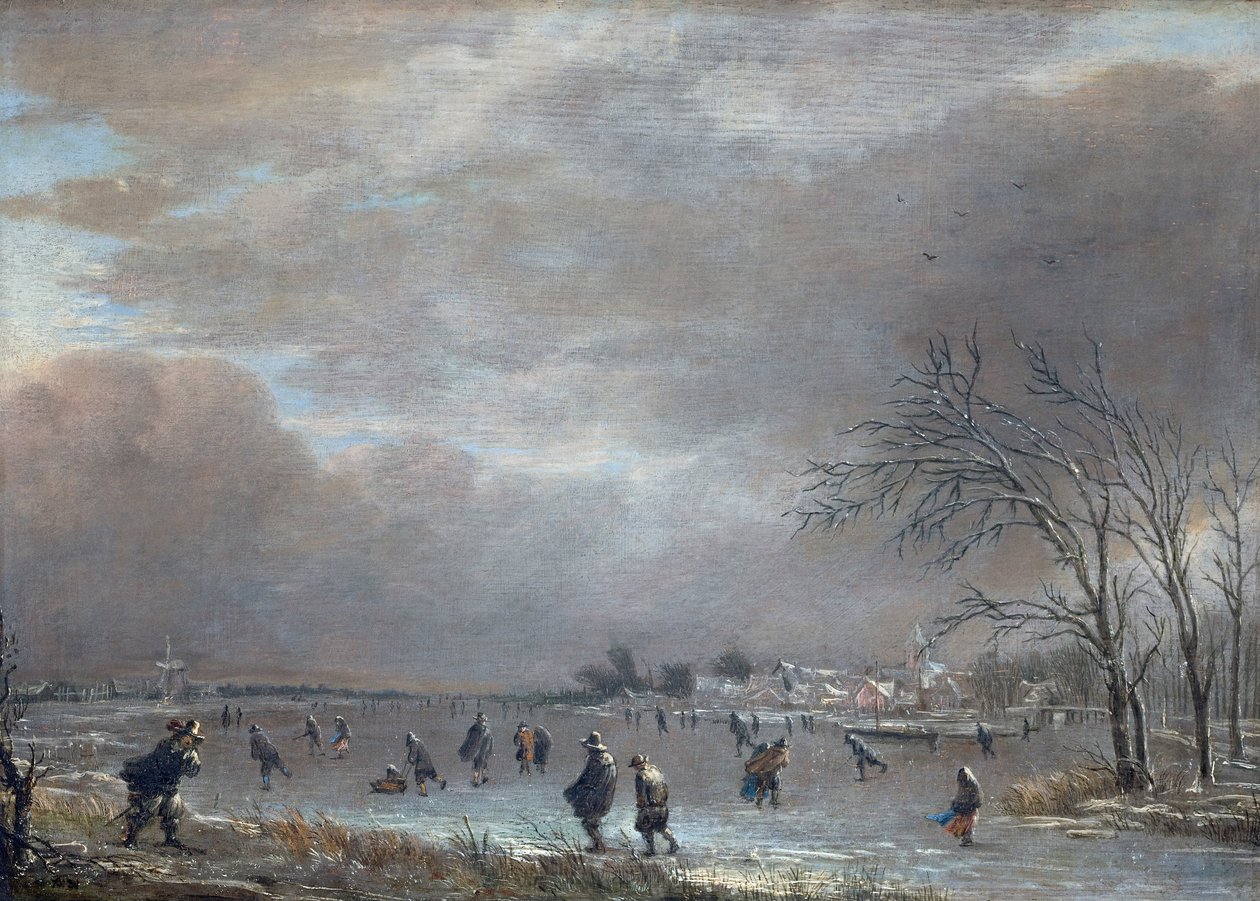 Vinterlandskap med skridskoåkare på en frusen flod (olja på panel) av Aert van der Neer