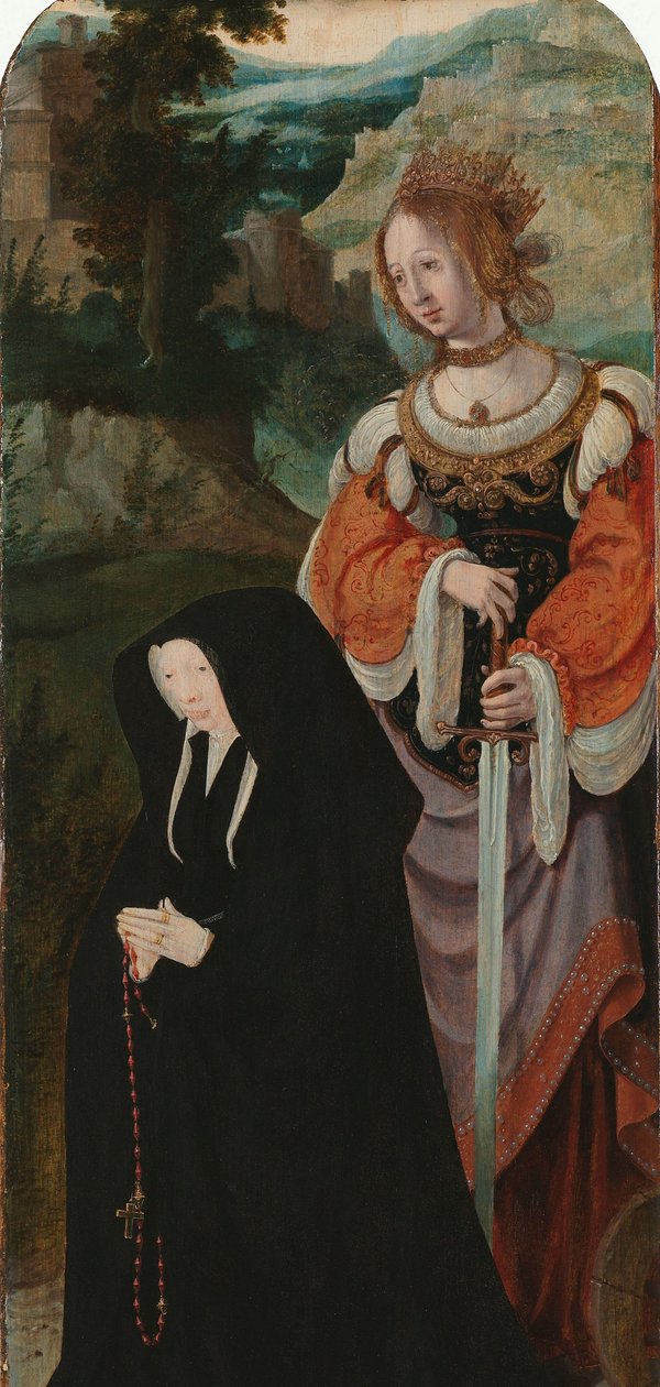 Lazarus uppståndelse Inre högra flygeln av en triptyk med den kvinnliga donatorn och St Catherine av Aertgen Claesz van Leyden (attributed to)