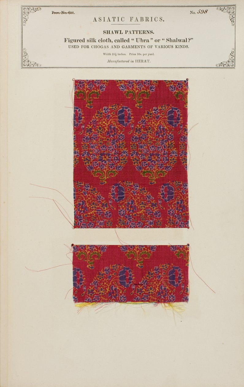 Figurerat sidentygsprov tillverkat i Herat, från The Collection of the Textile Manufacturers of India, av John Forbes Watson, publicerat 1866 av Afghan School