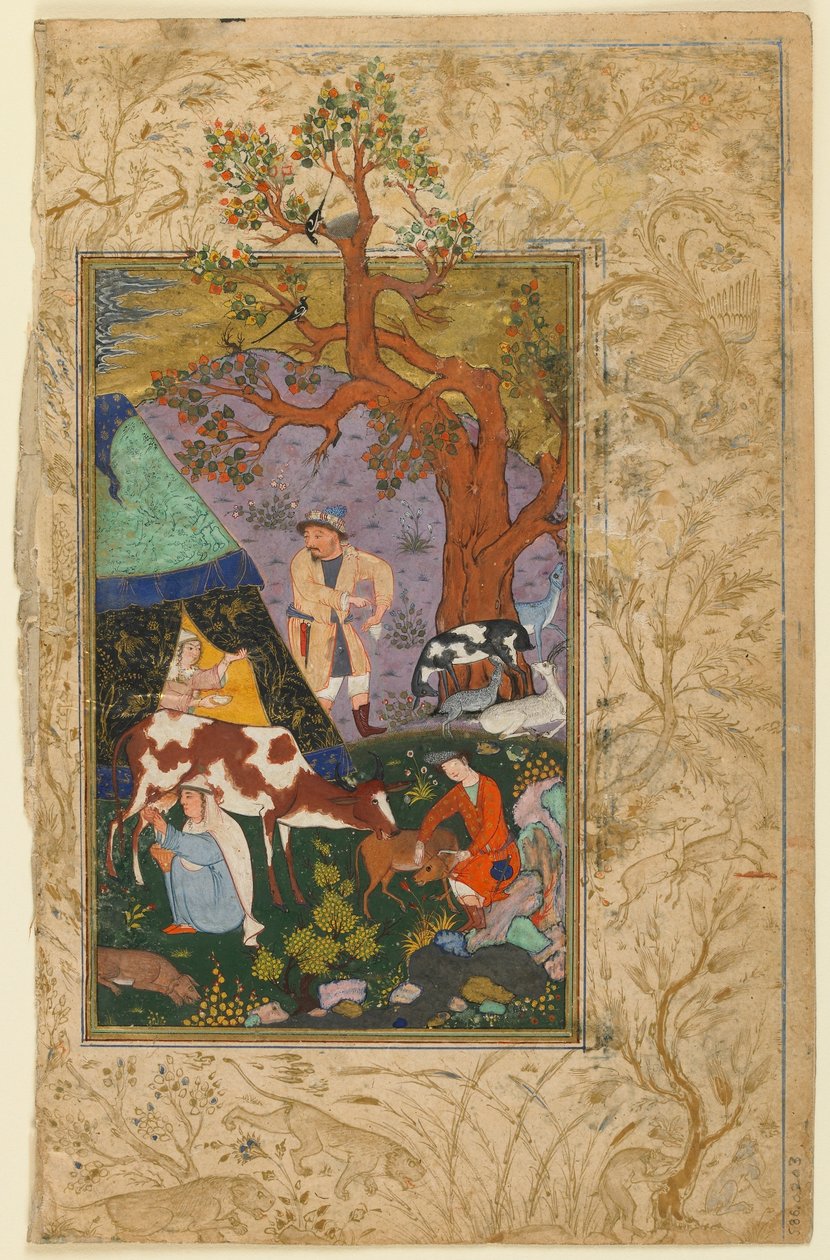 Folio från en divan (samlade dikter) av Awhadi; verso: An Encampment, Herat, Afghanistan, 1615-16 (ogenomskinlig akvarell, bläck och guld på papper) av Afghan School