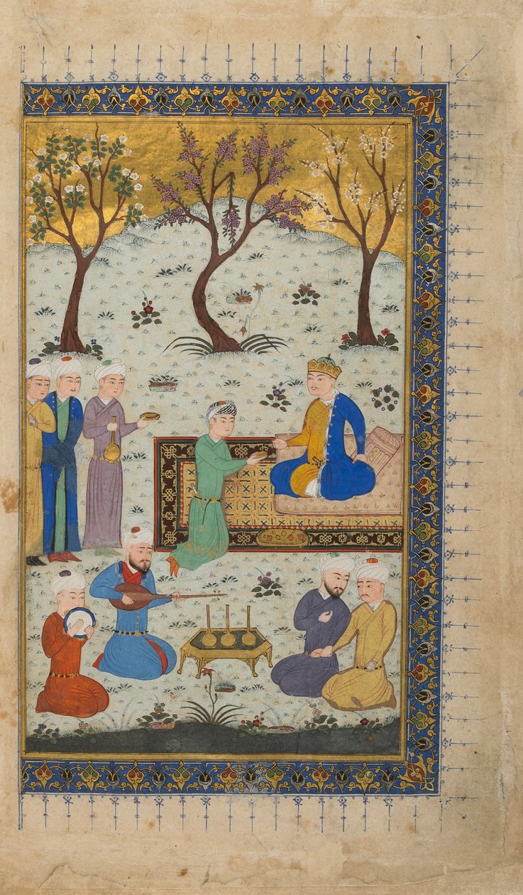 Folio från en oidentifierad text; verso: A Prince Enthroned Surrounded by Attendants, Herat, Afghanistan, c.1425-30 (ogenomskinlig akvarell, bläck och guld på papper) av Afghan School