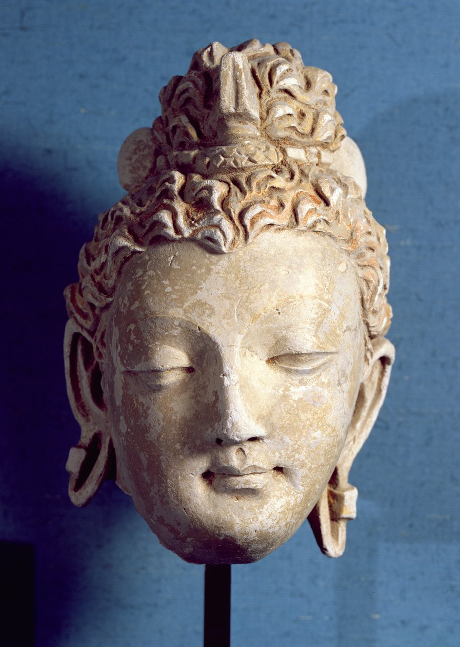 Chef för en leende Buddha, grekisk-buddhistisk stil, från Hadda, 1:a-4:e århundradet (stuckatur) av Afghan School