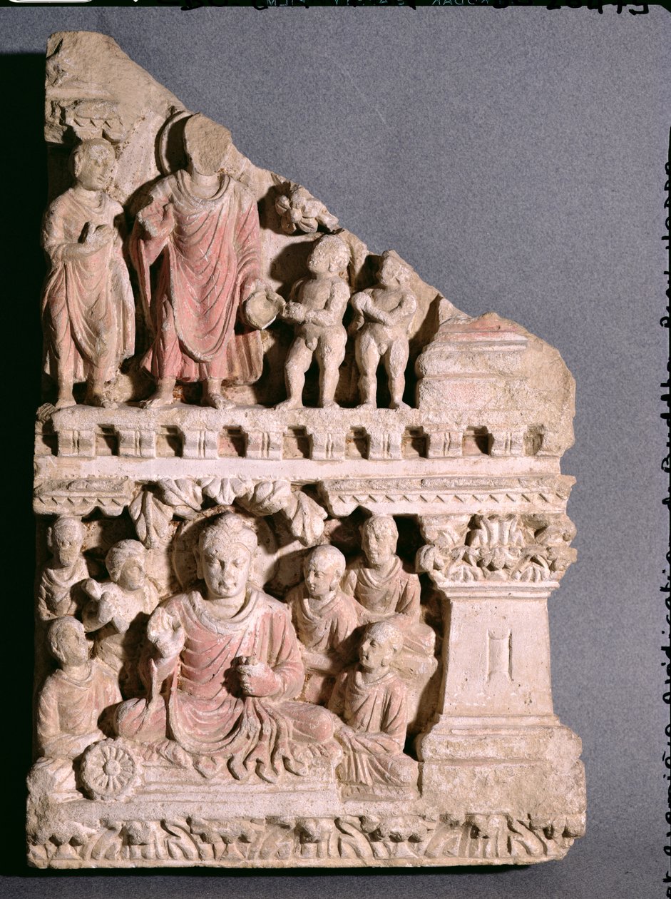 Scener ur Buddhas liv: Erbjudandet av en skål med damm och den första predikan, grekisk-buddhistisk stil, från Hadda, 1:a-4:e århundradet (kalksten) av Afghan School