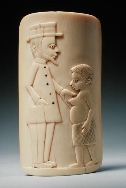 Plakett med figurer av en europeisk man och en afrikansk kvinna, Kongo (elfenben) av African
