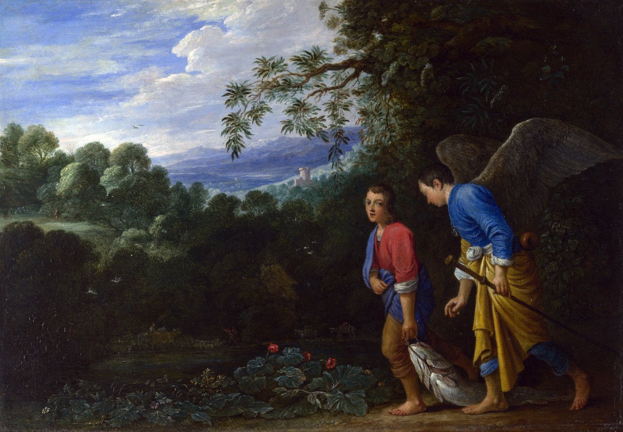 Tobias and the Archangel Raphael returning with the Fish av After Adam Elsheimer