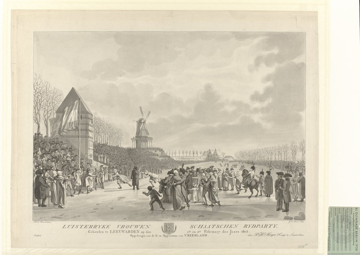 Kortebaanschaatsen ice skating competition in 1805 in Leeuwarden near the Vrouwenwaterpoort with a windmill beyond. Winner was Trijntje Pieters Westra av After Aldert Jacobs van der Poort  