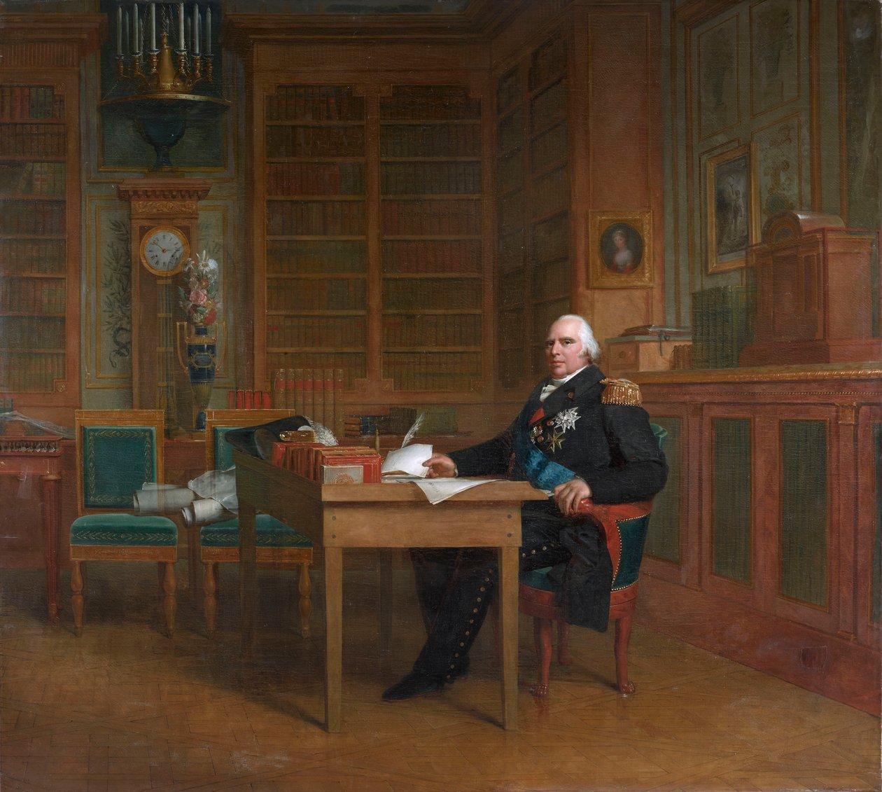 Kung Ludvig XVIII mediterar över stadgan, sittande vid sitt skrivbord i Tuileriepalatset av After François Gérard