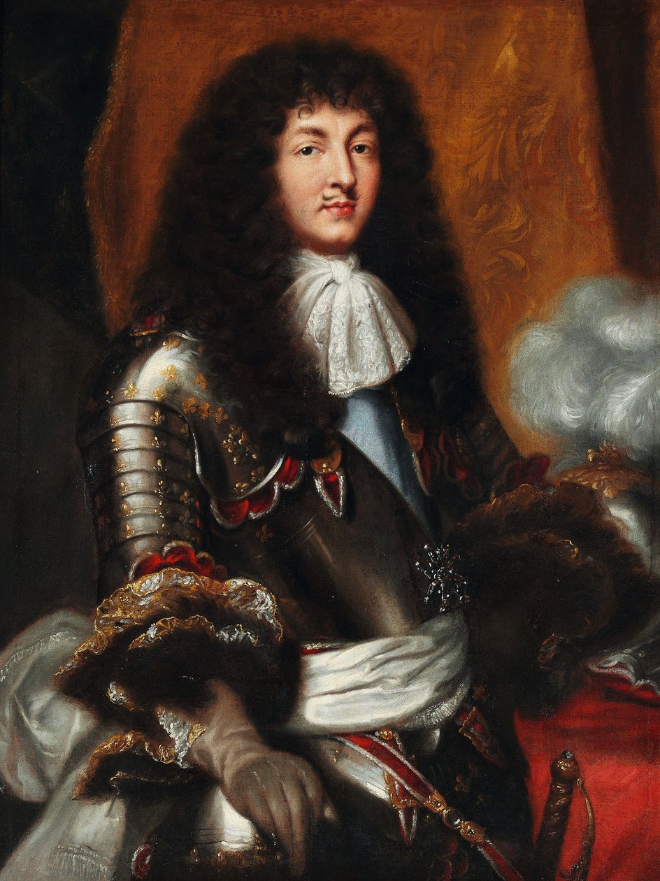 Louis XIV with dark full-bottomed wig and armour av Pierre Mignard