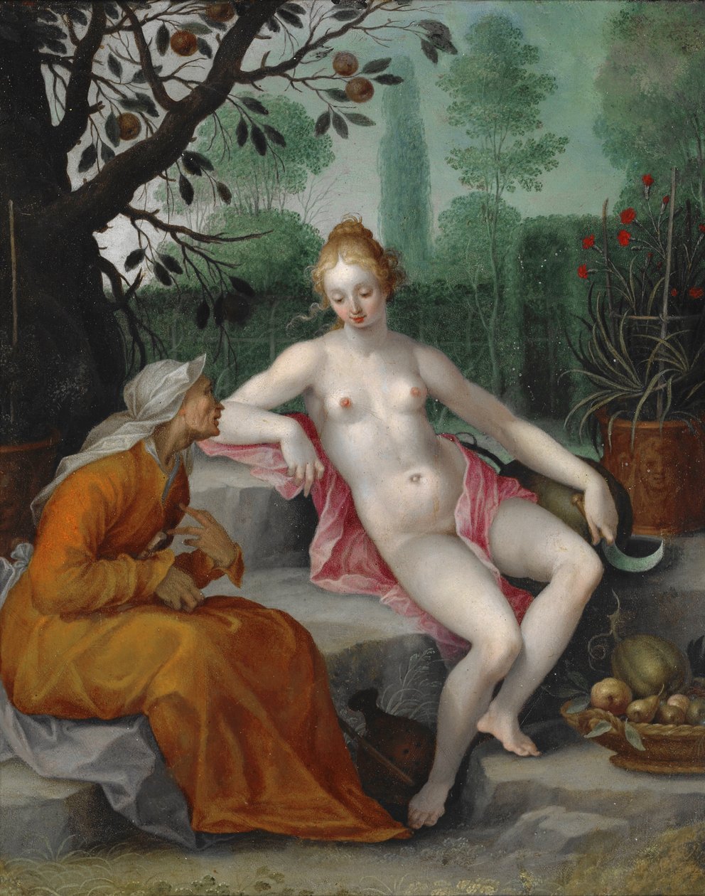 Vertumnus och Pomona av after Abraham Bloemaert