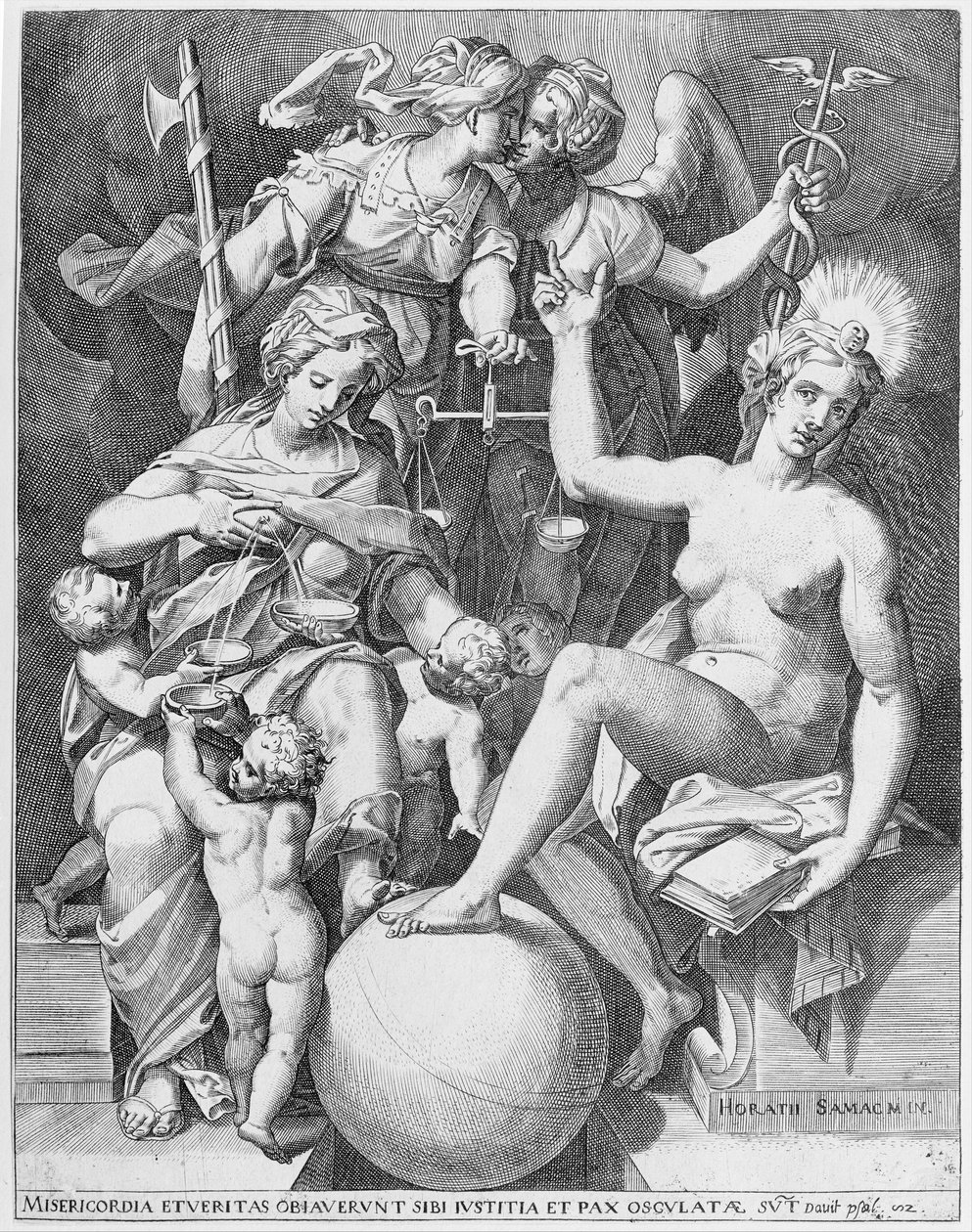 Allegori av Davids Psalm, Misericordia som sitter till vänster och matar fyra barn med..., 1579. av After Agostino Carracci.