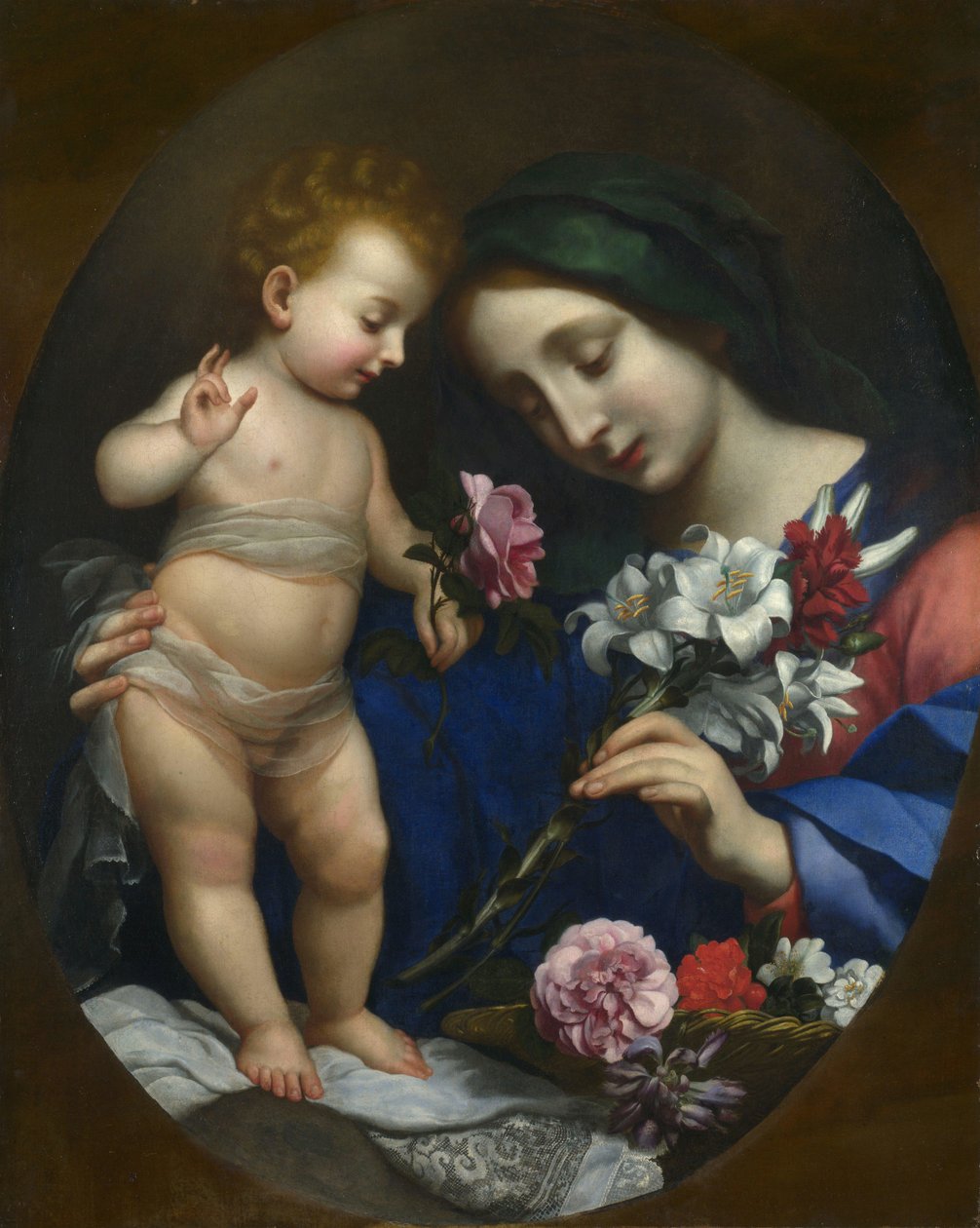 Jungfru Maria och barnet med blommor av after Carlo Dolci