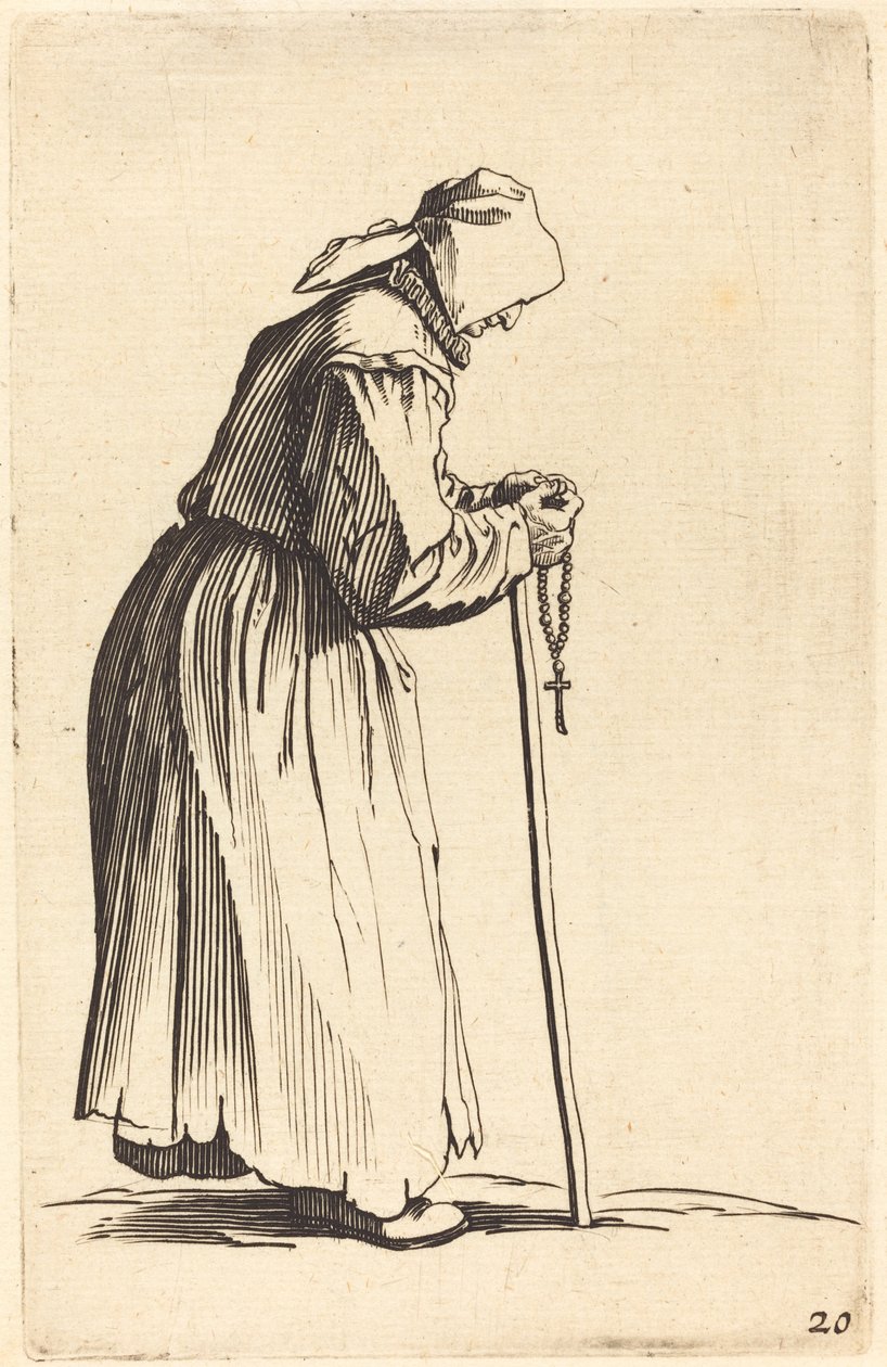 Tiggarkvinna med rosenkrans av After Jacques Callot