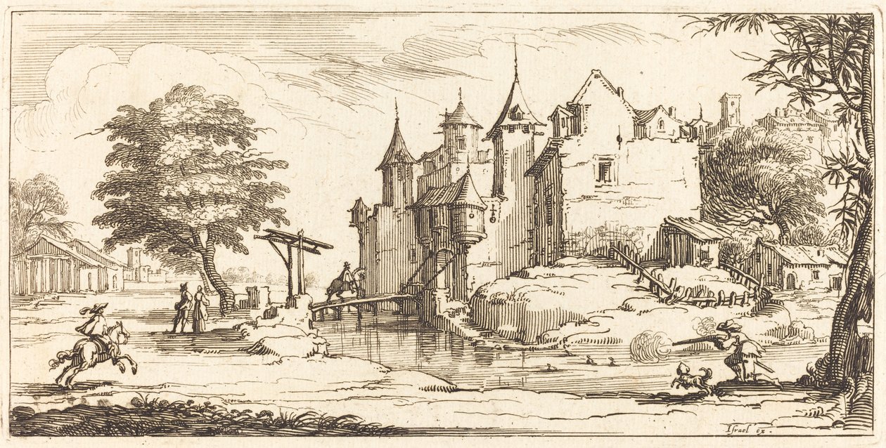 Slott med vindbrygga av After Jacques Callot