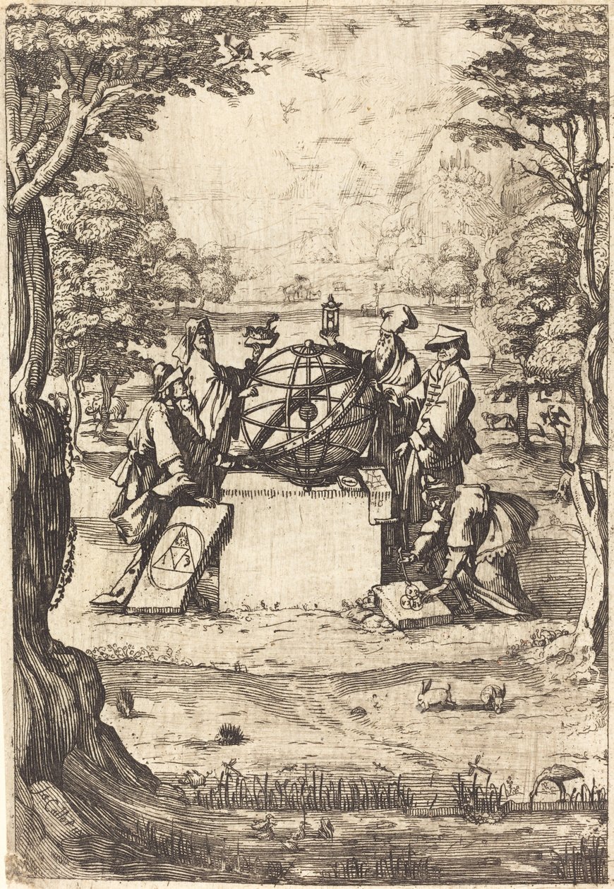 Frontispice for the Sacred Cosmologia (Titel med astrologer) av After Jacques Callot