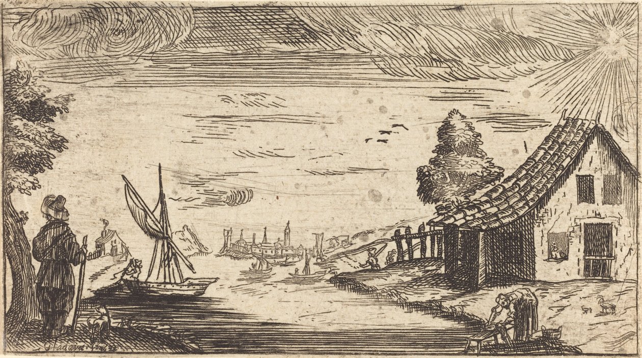 Landskap med figur och båt av After Jacques Callot