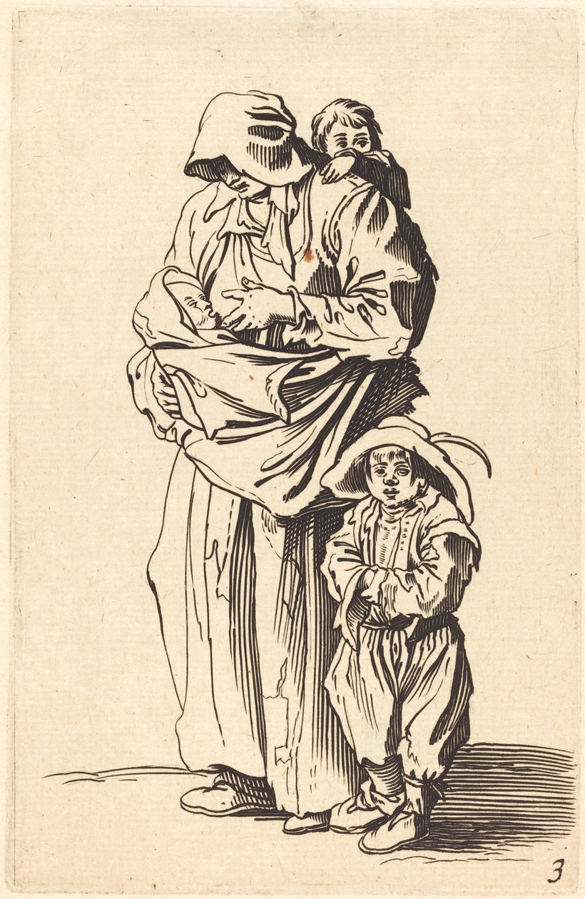 Mor och tre barn av After Jacques Callot