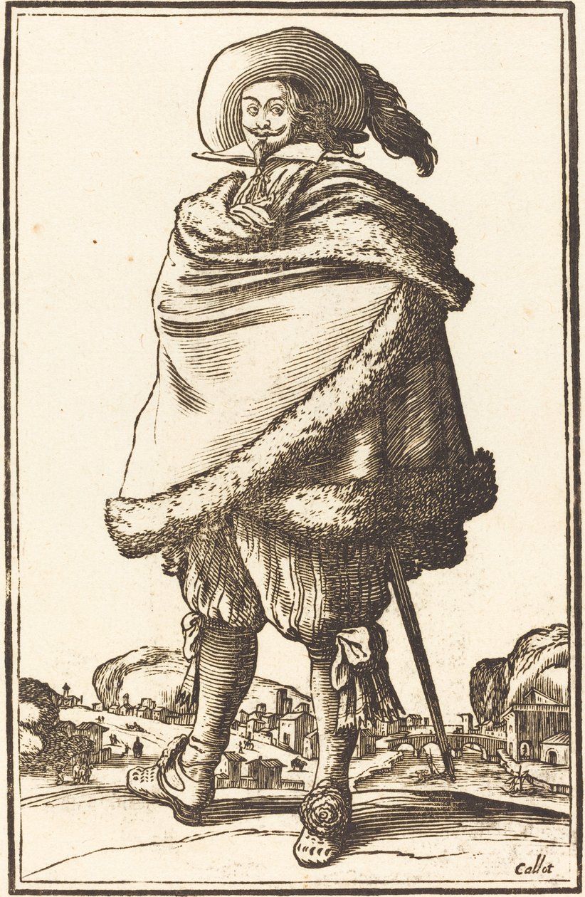 Noble Man insvept i en mantel trimmad med päls av After Jacques Callot