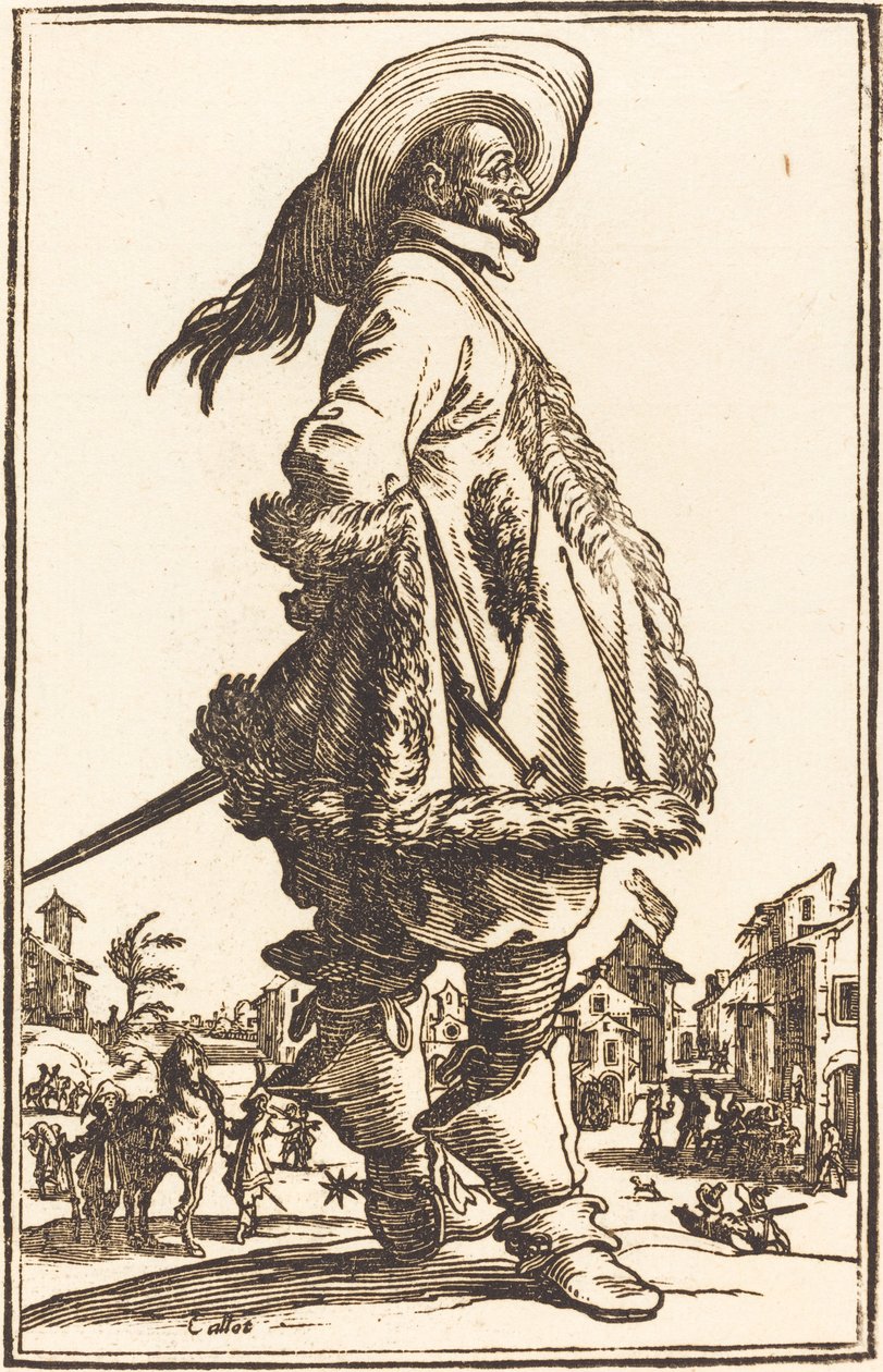 Adel man med mantel trimmad i päls, håller händerna bakom ryggen av After Jacques Callot