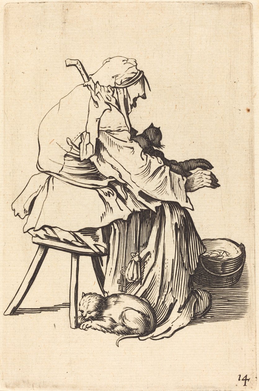 Gammal kvinna med katter av After Jacques Callot