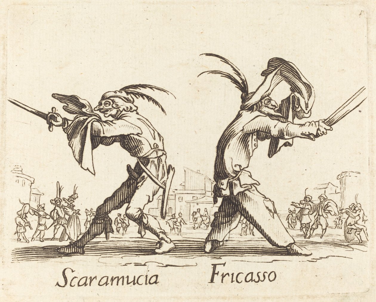 Scaramucia och Fricasso av After Jacques Callot