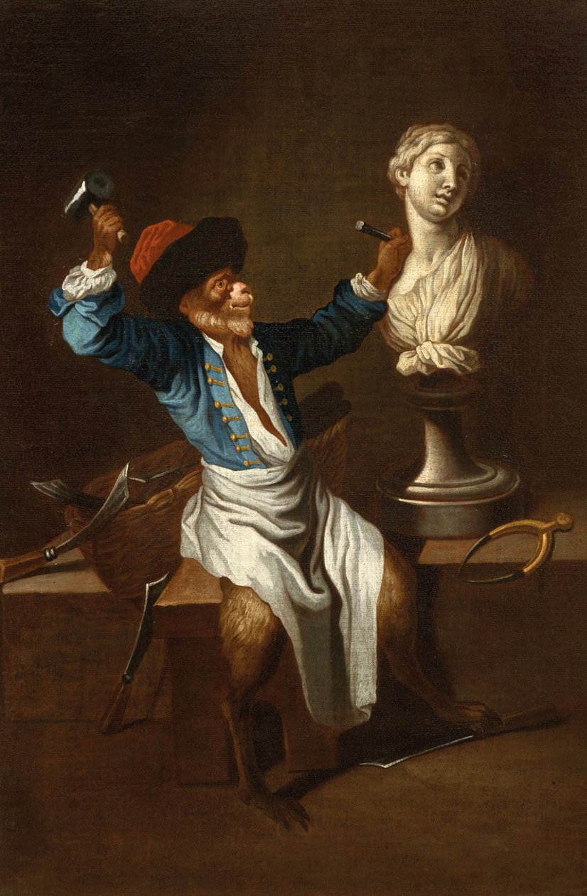 En apa som skulptör F 18Jh av after Jean Antoine Watteau
