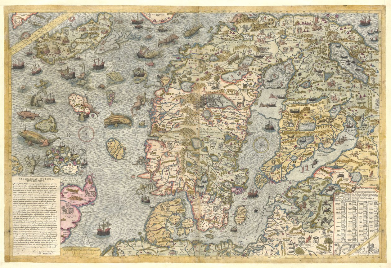 En trogen reproduktion av Carta marina (en väggkarta över Skandinavien av Olaus Magnus publicerad 1539) av After Olaus Magnus