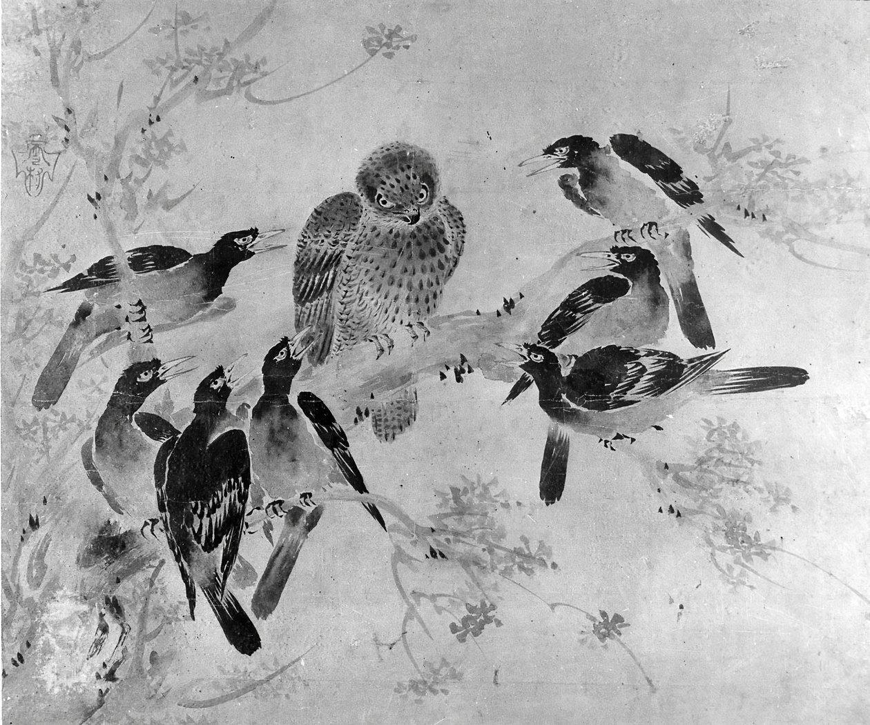 Mynah Birds Attacking an Owl, förmodligen 1800-talet. av after Sesson Shūkei