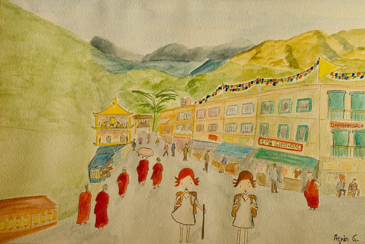 The Voyage, Dharamsala, 2015, akvarell på papper av Agnes Girardon