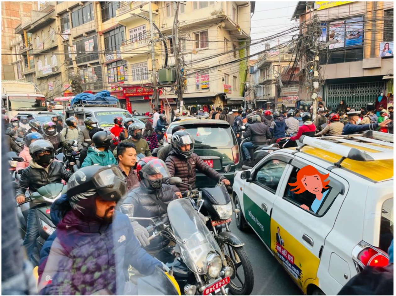 Trafik i kathmandu, 2023 (digital konst på fotografi) av Agnes Girardon