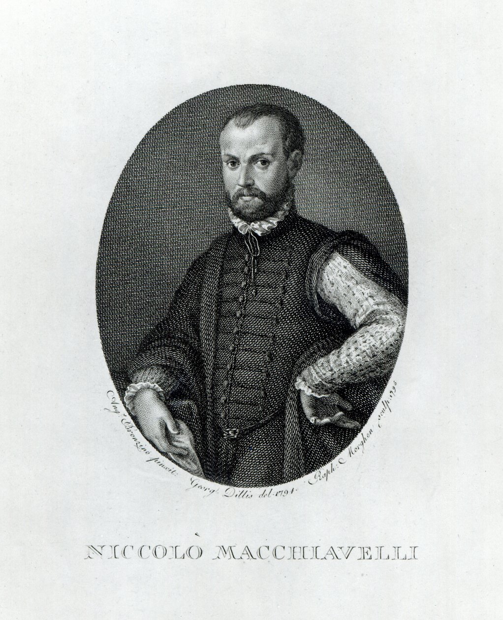 Porträtt av Niccolo Machiavelli (1469-1527), graverad av Rafaello Morgan (1758-1833) 1795 av Agnolo Bronzino