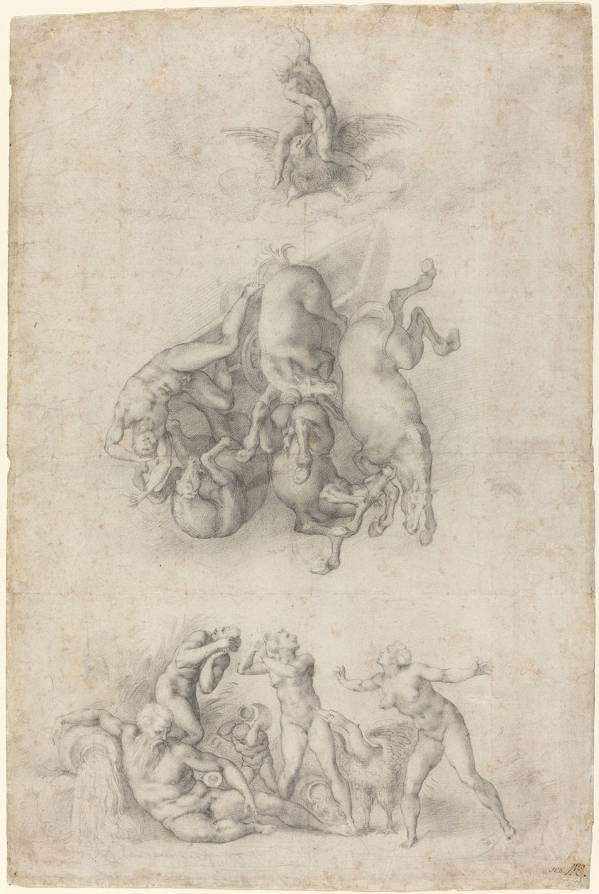 Phaetons fall av Agnolo Bronzino or Giulio Clovio after Michelangelo