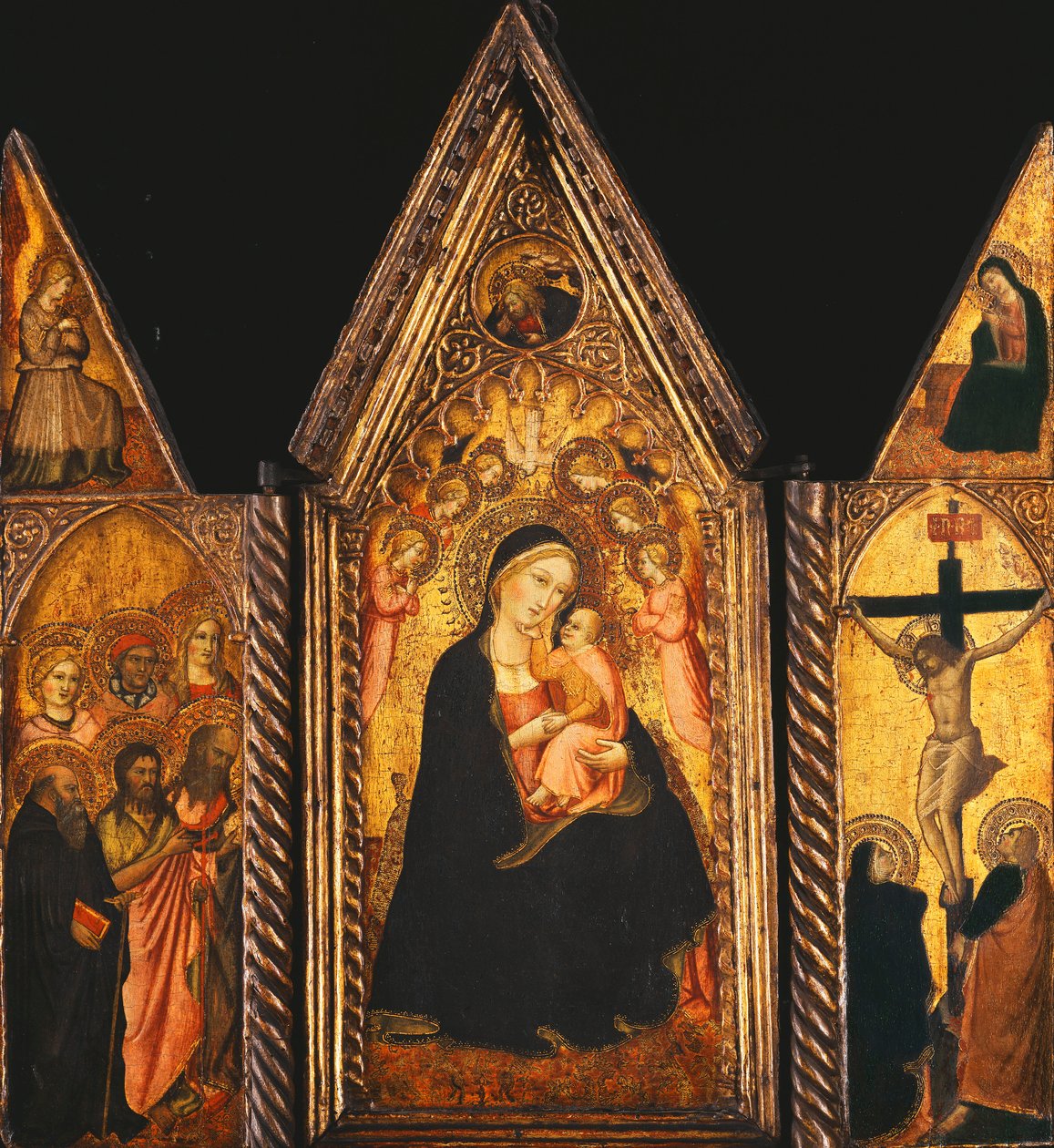 En bärbar triptyk med madonnan och barnet på tronen av änglar, av Agnolo Gaddi