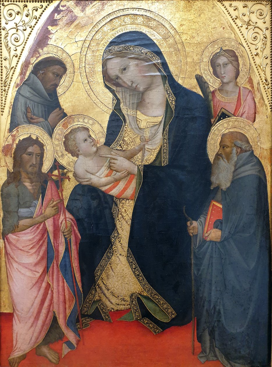 Tyska: Maria mit dem Kind und den Heiligen Johannes der Täufer, Franziskus, Antonius Abbas und einer weiblichen Märtyrerin Madonna med barnet, Johannes döparen, Franciskus och Antonius samt en martyr av Agnolo Gaddi