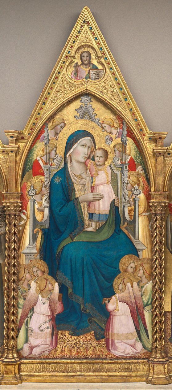 Madonna och barn tronade med tolv änglar och med välsignelsen Kristus [mittpanelen] av Agnolo Gaddi