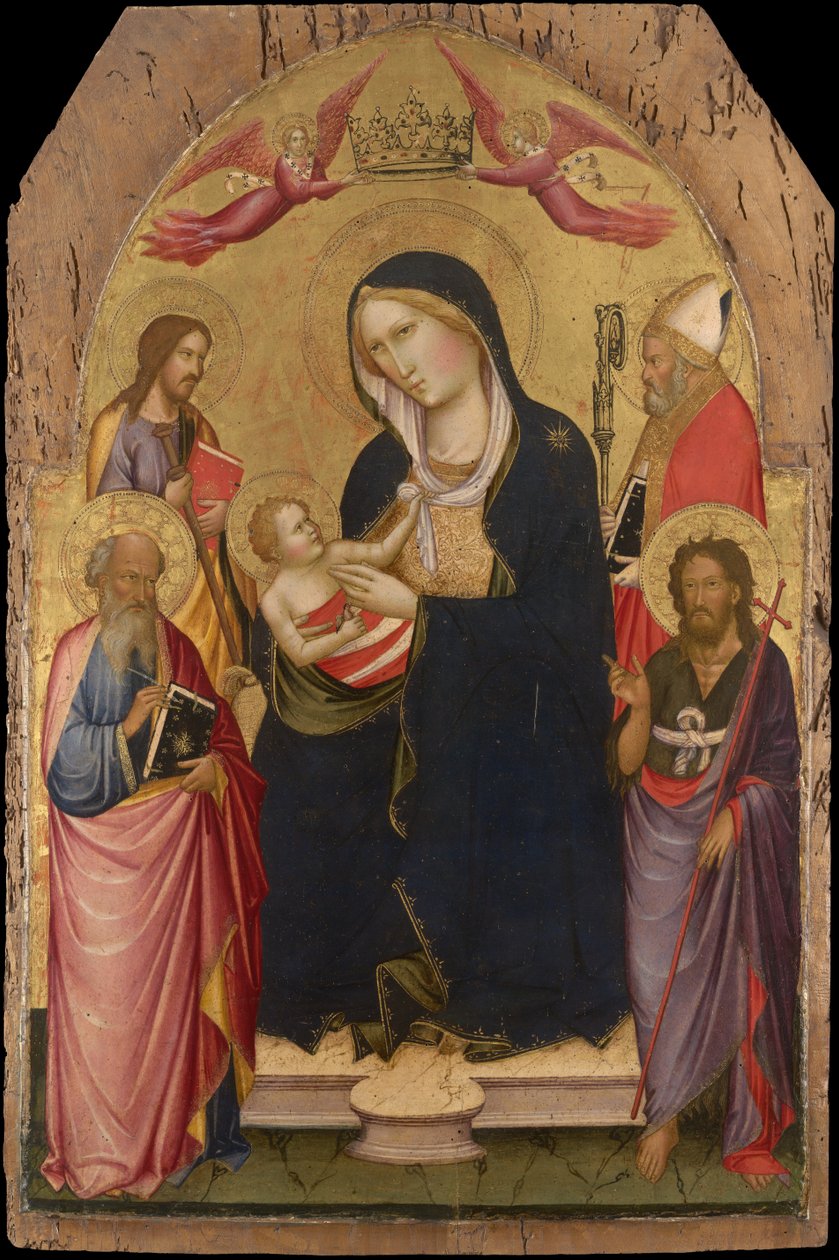 Madonna med barnet och Johannes evangelisten, Johannes döparen, Jakob av Compostela och Nikolaus av Bari av Agnolo Gaddi