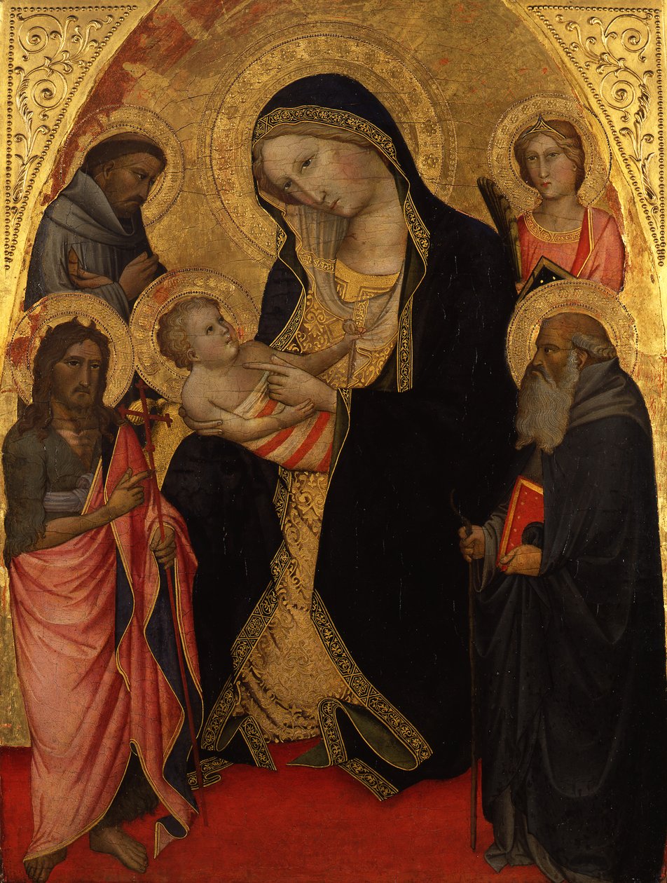 Maria med barnet och de heliga Johannes Döparen, Franciskus, Antonius abbot och en kvinnlig martyr av Agnolo Gaddi